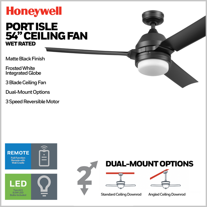 54" Honeywell Port Isle Matte Black Ceiling Fan with Light and Remote